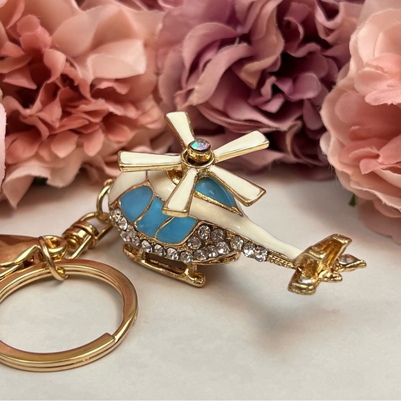 Whimsical Blue and White Crystal Helicopter Keychain Charm - Picture 8 of 16